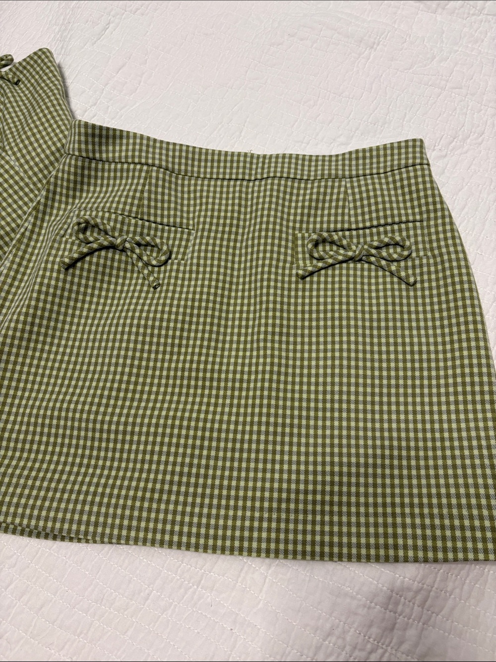 2 Piece Set-7 For All Mankind Olive Gingham Tie-Detail Crop Top & Mini Skirt - Picture 6 of 14
